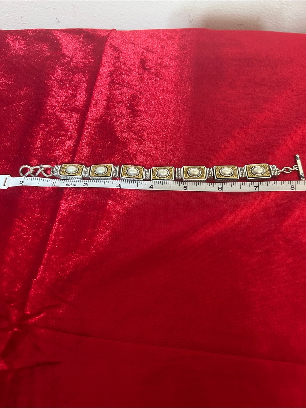 Brighton Gold-Tone Square Link Bracelet with Pearl Centers